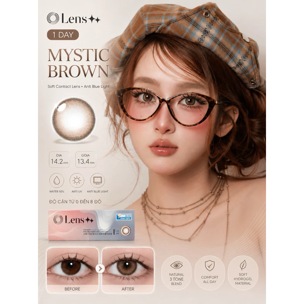 (Giá 1 chiếc) Lens 1Day Mystic Brown chống ánh sáng xanh