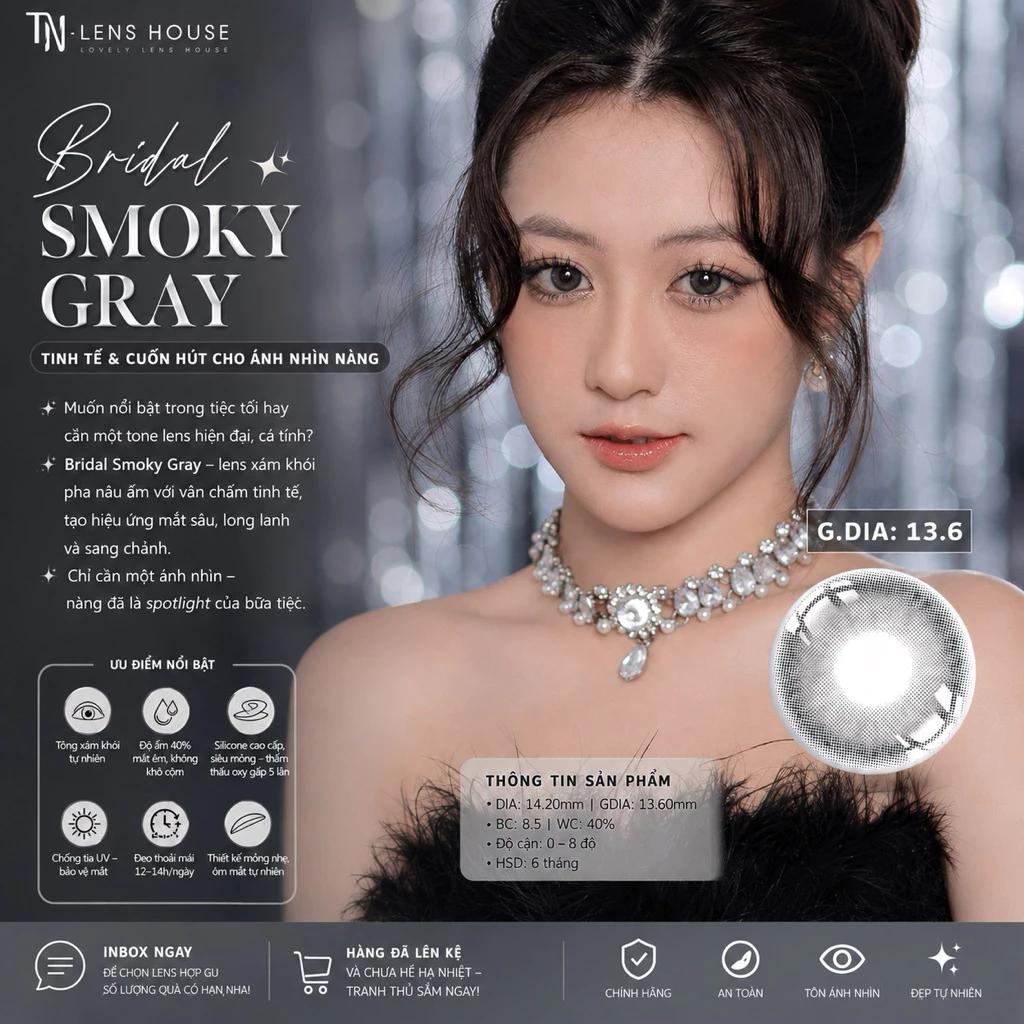 Bridal Smoky Gray - Lens Xám khói nhẹ - viền tia không giãn tròng 14.0mm