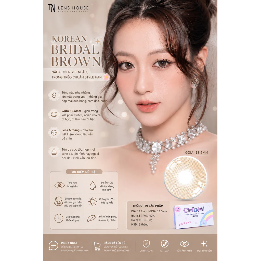 Lens nâu tây nhũ Bridal Brown giãn nhẹ 14.2mm