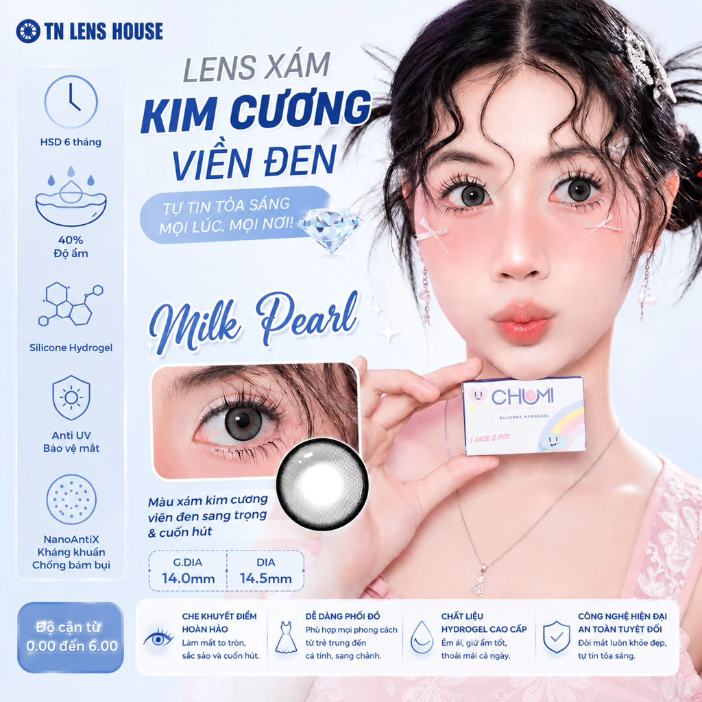 Milk Pearl LENS XÁM KIM CƯƠNG VIỀN ĐEN 14.5mm